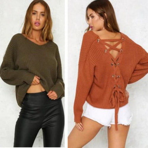 Damen lässiger Strickpullover mit dekorativem Rückenausschnitt und Kordelzug Drune