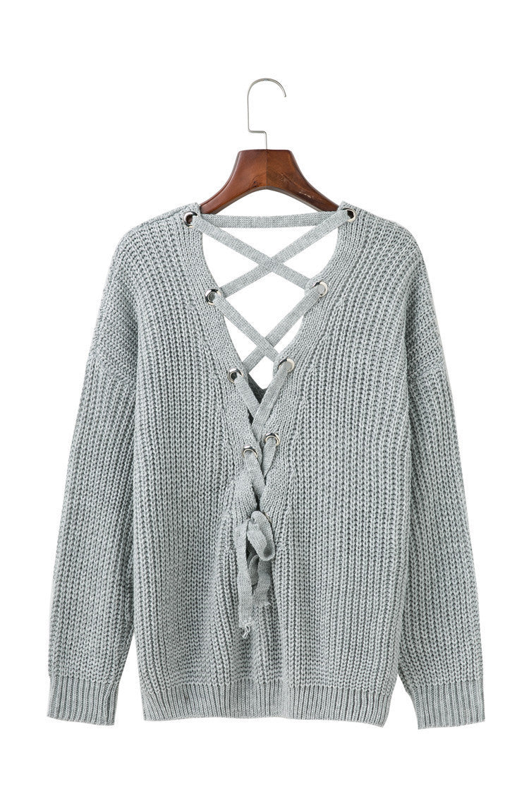 Damen Strickpullover mit verziertem V-Ausschnitt und Kordelzug Drune