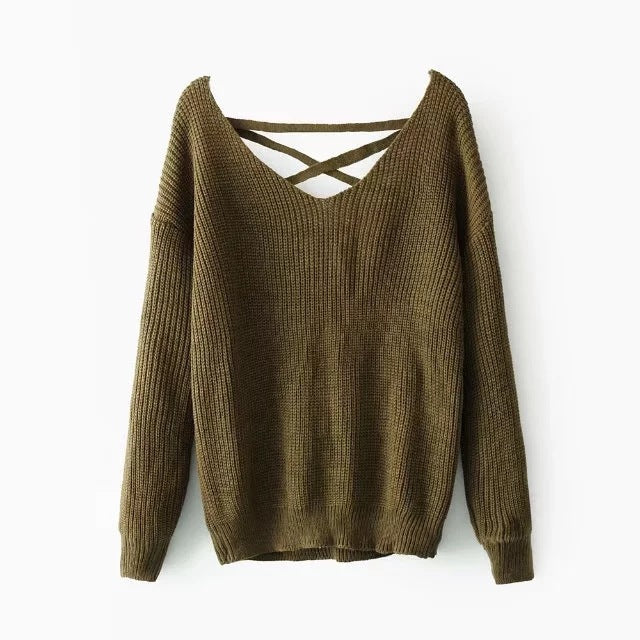 Damen Strickpullover mit tiefem V-Ausschnitt und dekorativem Rückendesign Drune