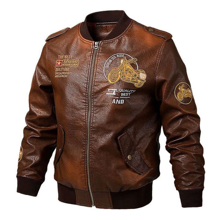 Herren Modische Kunstleder-Bomberjacke mit Stickereien Drune