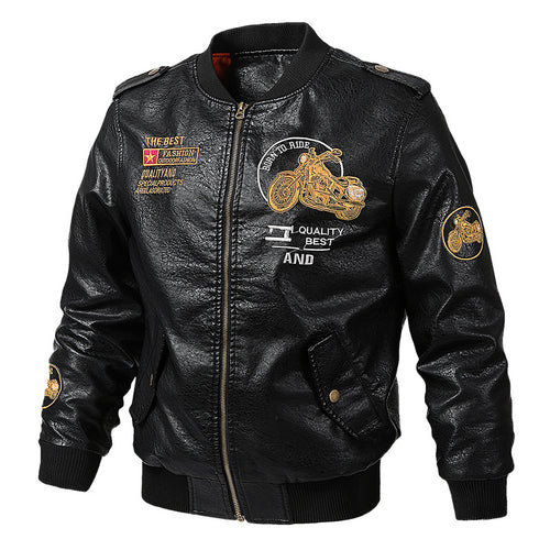 Herren Modische Kunstleder-Bomberjacke mit Stickereien Drune