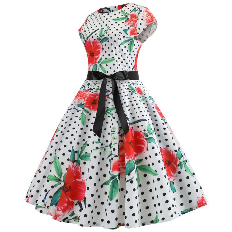 Damen Swingkleid mit floralem Design und Polka-Dots Drune