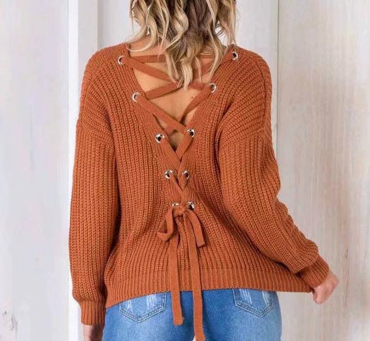 Damen lässiger Strickpullover mit dekorativem Rückenausschnitt und Kordelzug Drune