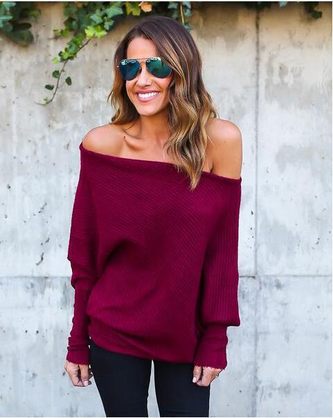 Damen lässiger Off-Shoulder Pullover mit strukturiertem Design und weiten Ärmeln Drune