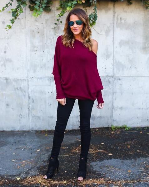 Damen lässiger Off-Shoulder Pullover mit strukturiertem Design und weiten Ärmeln Drune