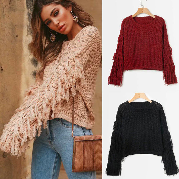 Damen Grobstrickpullover mit modischen Fransenärmeln Drune
