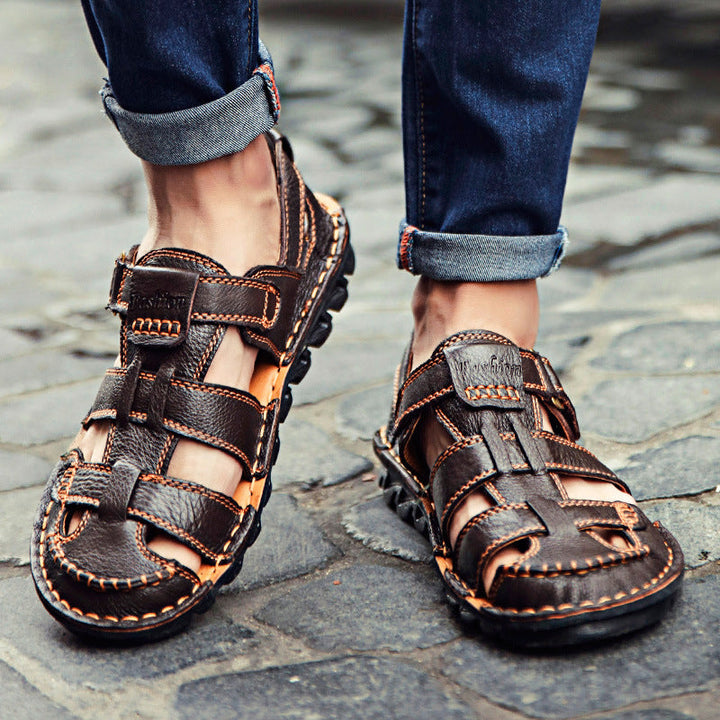 Herren Bequeme Ledersandalen mit verstellbarem Riemen und rutschfester Sohle Drune