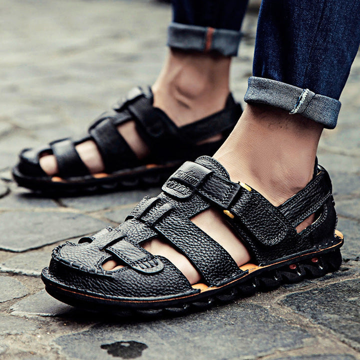 Herren Bequeme Ledersandalen mit verstellbarem Riemen und rutschfester Sohle Drune