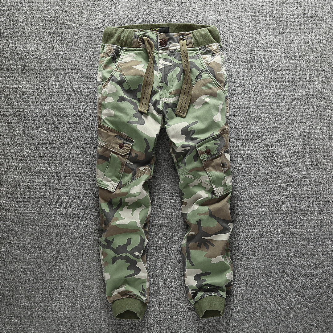 Herren Cargohose im Army-Stil mit elastischem Bund, Kordelzug und Bündchen Drune
