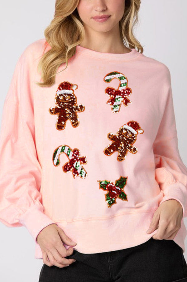 Drune | Weihnachts Lebkuchenmann Paillette Lässig Langarm Sweatshirt