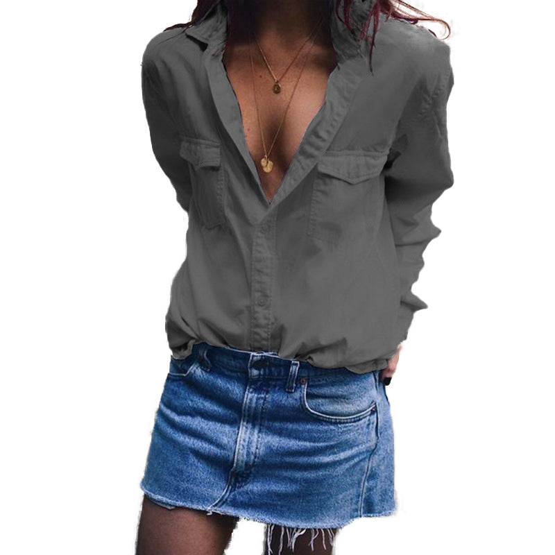 Damen lockeres Button-down Hemd mit oversize Schnitt und Brusttaschen Drune