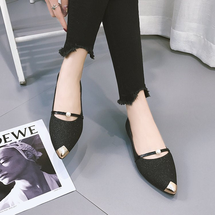 Damen nan elegante Glitzer-Slipper mit spitzer Metallkappe, perlenbesetztem Spannriemen und flachem Absatz Drune