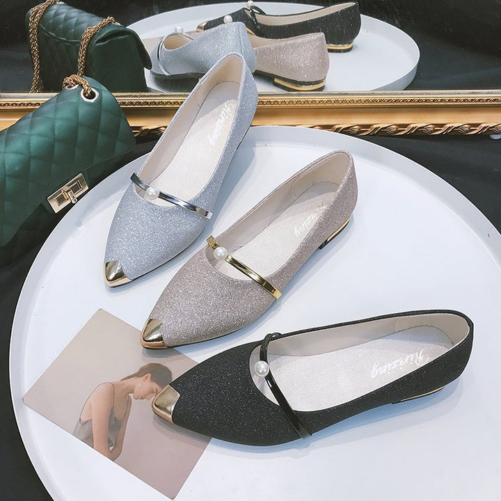 Damen nan elegante Glitzer-Slipper mit spitzer Metallkappe, perlenbesetztem Spannriemen und flachem Absatz Drune