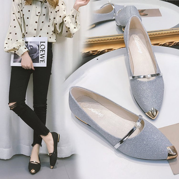 Damen nan elegante Glitzer-Slipper mit spitzer Metallkappe, perlenbesetztem Spannriemen und flachem Absatz Drune