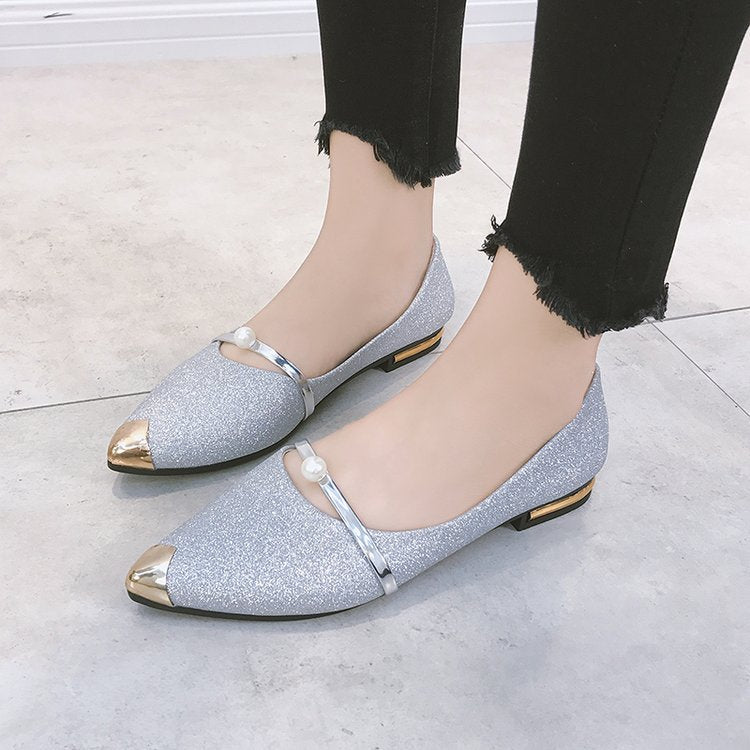 Damen nan elegante Glitzer-Slipper mit spitzer Metallkappe, perlenbesetztem Spannriemen und flachem Absatz Drune