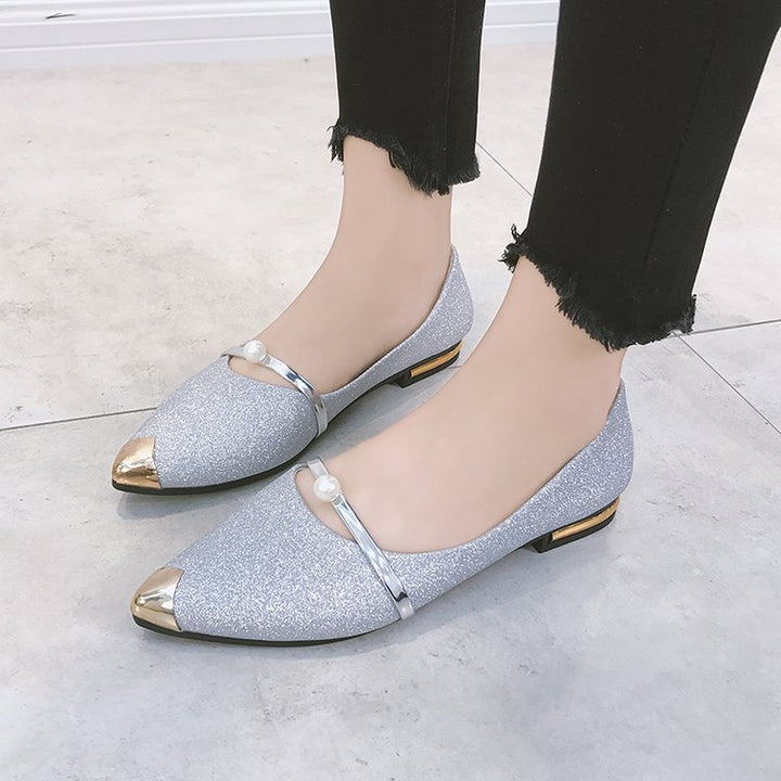 Damen nan elegante Glitzer-Slipper mit spitzer Metallkappe, perlenbesetztem Spannriemen und flachem Absatz Drune