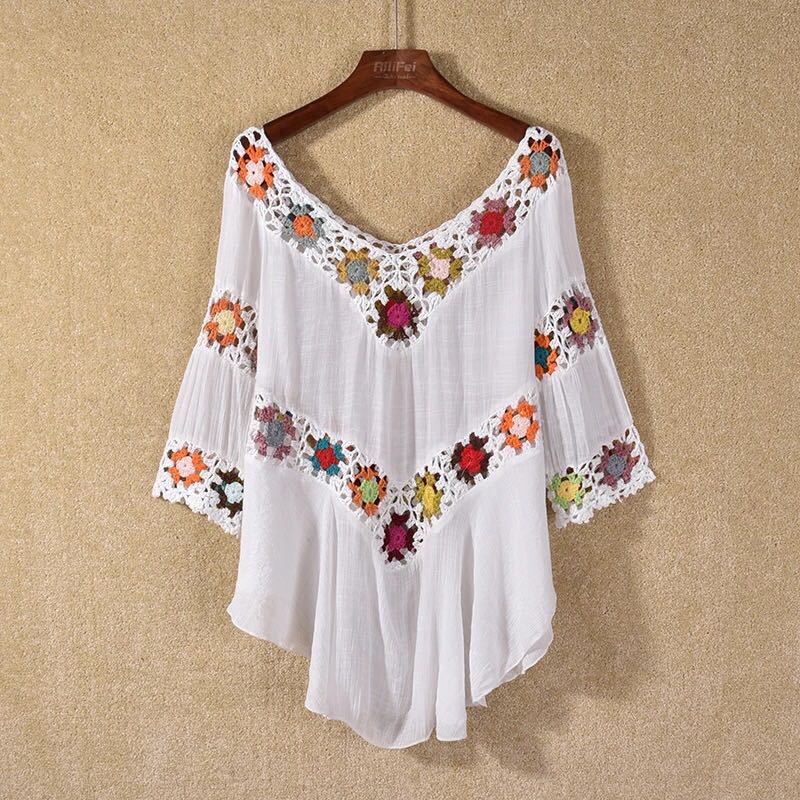 Damen Häkelbluse mit bunten Floral-Applikationen Drune