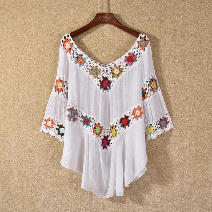 Damen Häkelbluse mit bunten Floral-Applikationen Drune