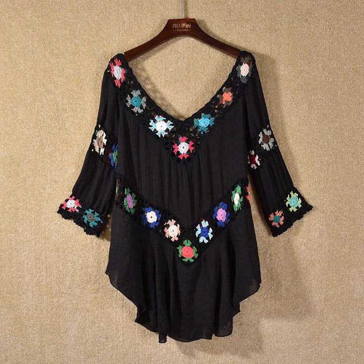 Damen Häkelbluse mit bunten Floral-Applikationen Drune