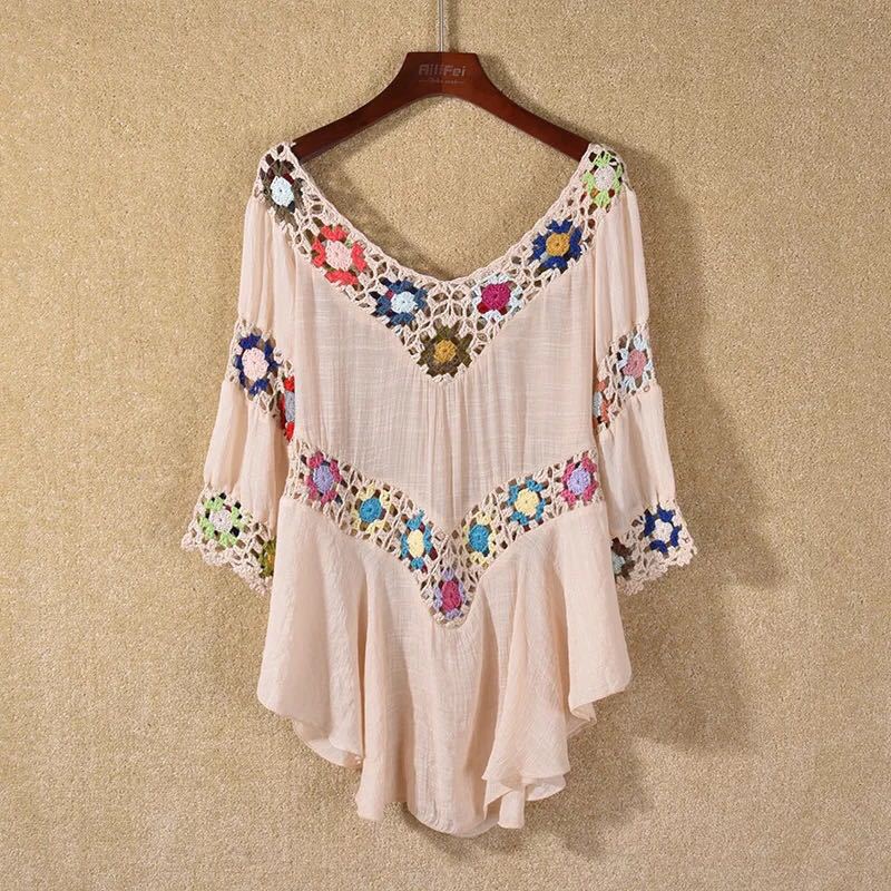 Damen Häkelbluse mit bunten Floral-Applikationen Drune