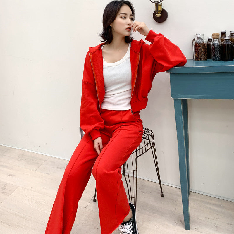 Damen lässiges und bequemes Sportanzug-Set mit Kapuzenjacke und weiter Hose Drune