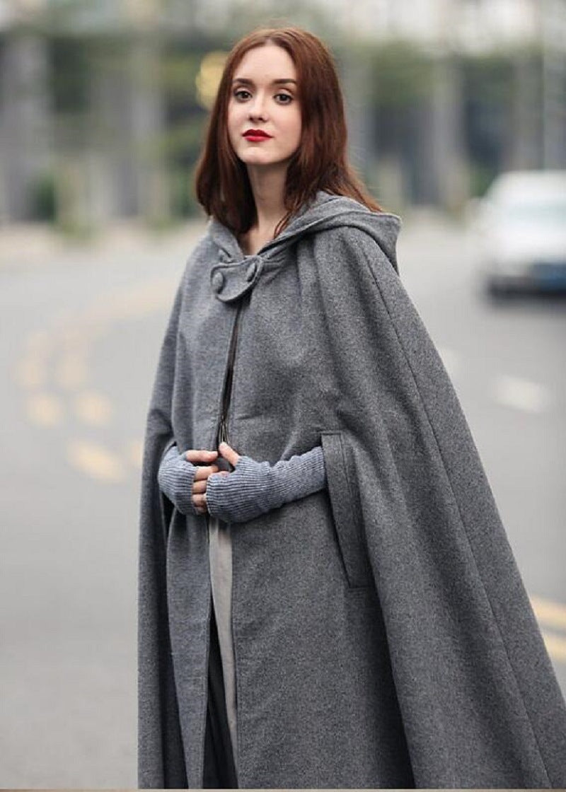 Damen modern geschnittener Umhang mit Kapuze Drune