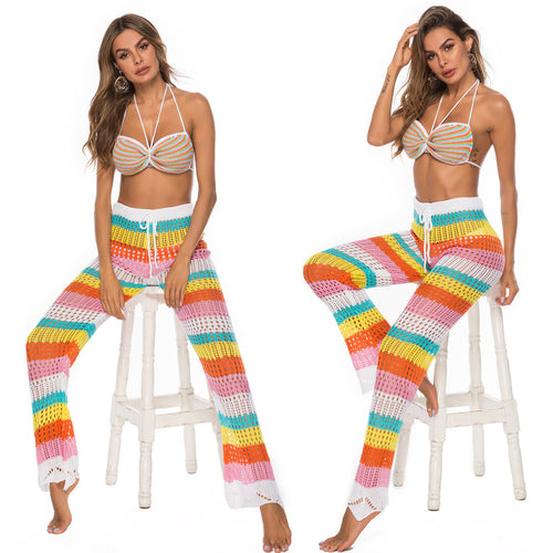 Damen luftige Häkel-Strickhose im modernen Farbblockdesign Drune