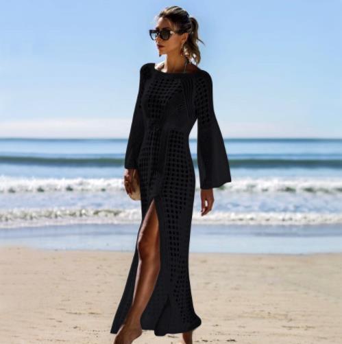 Damen Häkel-Strandkleid mit tiefem V-Ausschnitt und voluminösen Ärmeln Drune