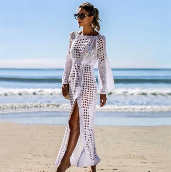 Damen Häkel-Strandkleid mit tiefem V-Ausschnitt und voluminösen Ärmeln Drune
