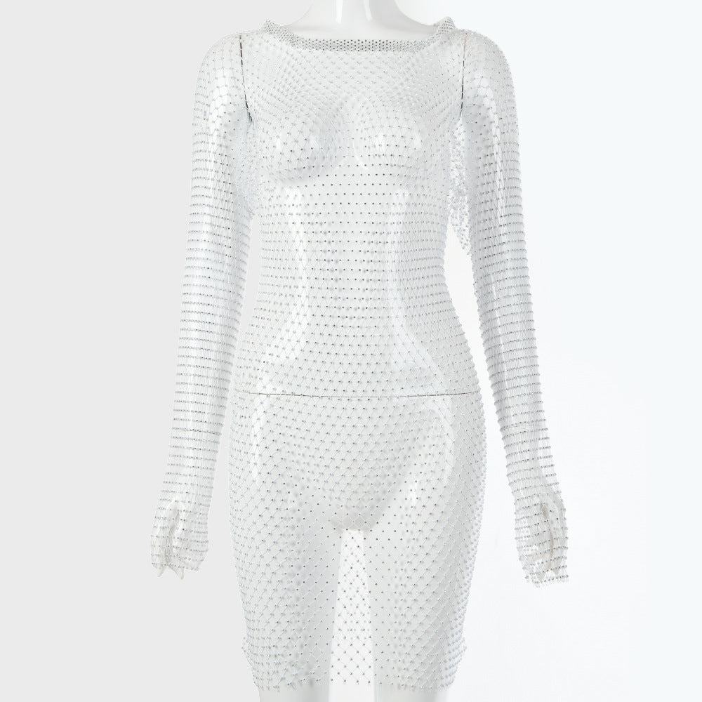 Damen glitzernder Netz-Bodysuit mit langen Ärmeln und figurbetontem Schnitt Drune