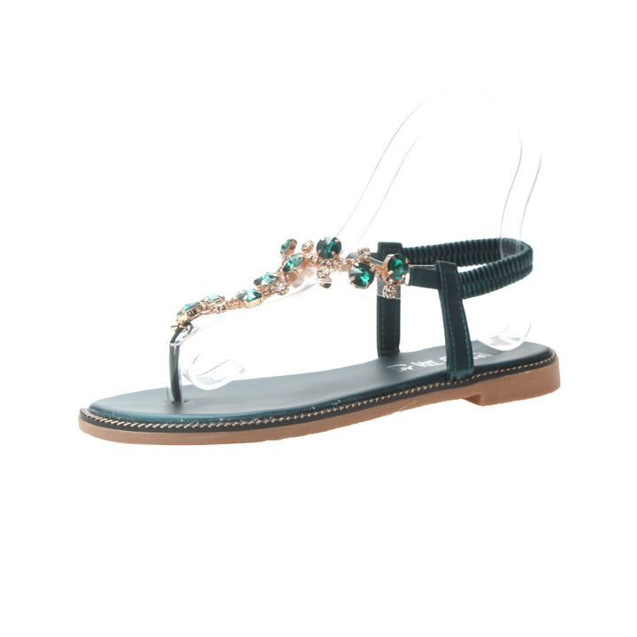 Damen nan flache T-Riemen-Sandalette mit funkelnder Schmuckkette, elastischem Fersenband und gepolstertem Fußbett Drune
