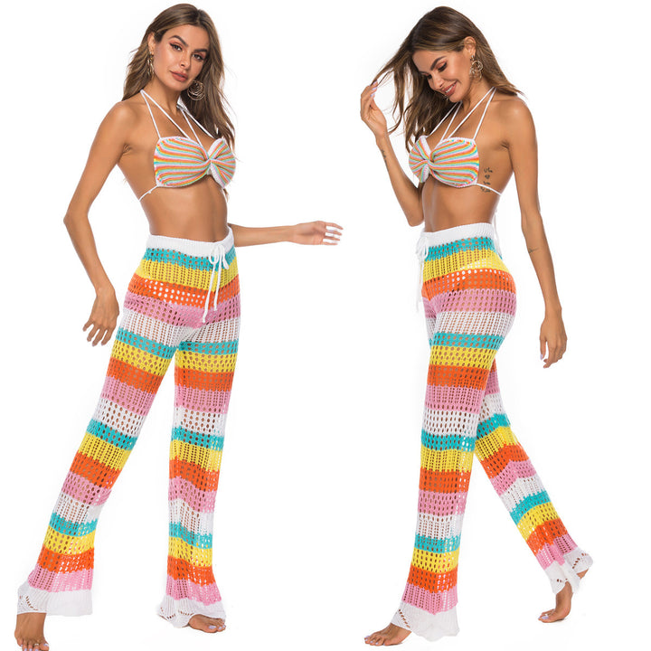 Damen luftige Häkel-Strickhose im modernen Farbblockdesign Drune