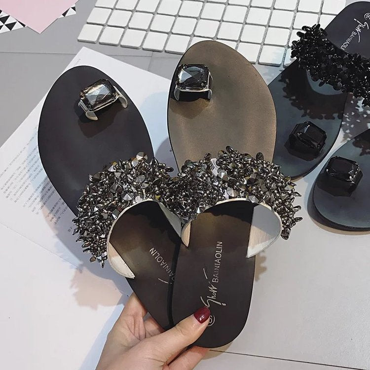 Damen nan Glamouröse Zehengreifer-Pantoletten mit facettierten Schmucksteinen und ergonomischem Komfortfußbett Drune