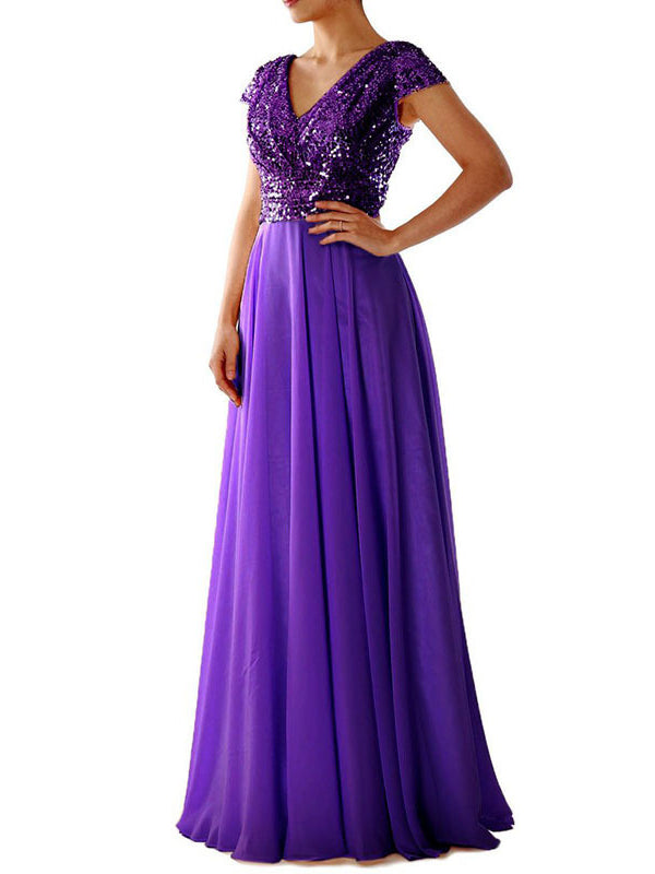 Drune | Damen Kleider V-Ausschnitt Paillette Chiffon Paneel Maxi Kleid