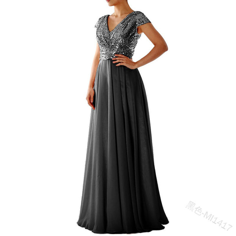 Drune | Damen Kurzarm Glitzer Maxi Kleid