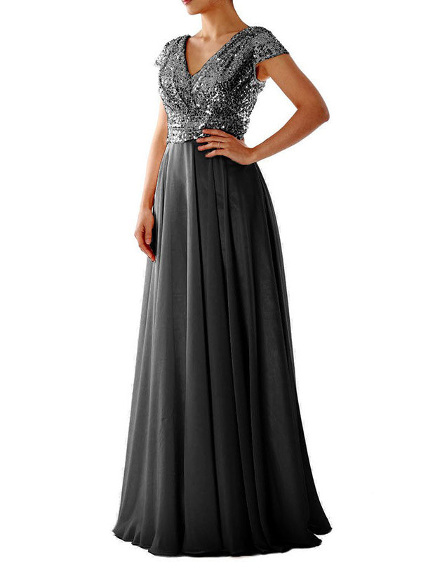 Drune | Damen Kleider V-Ausschnitt Paillette Chiffon Paneel Maxi Kleid