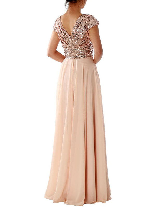 Drune | Damen Kleider V-Ausschnitt Paillette Chiffon Paneel Maxi Kleid