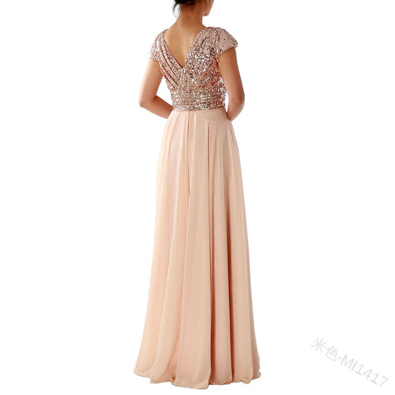 Drune | Damen Kurzarm Glitzer Maxi Kleid