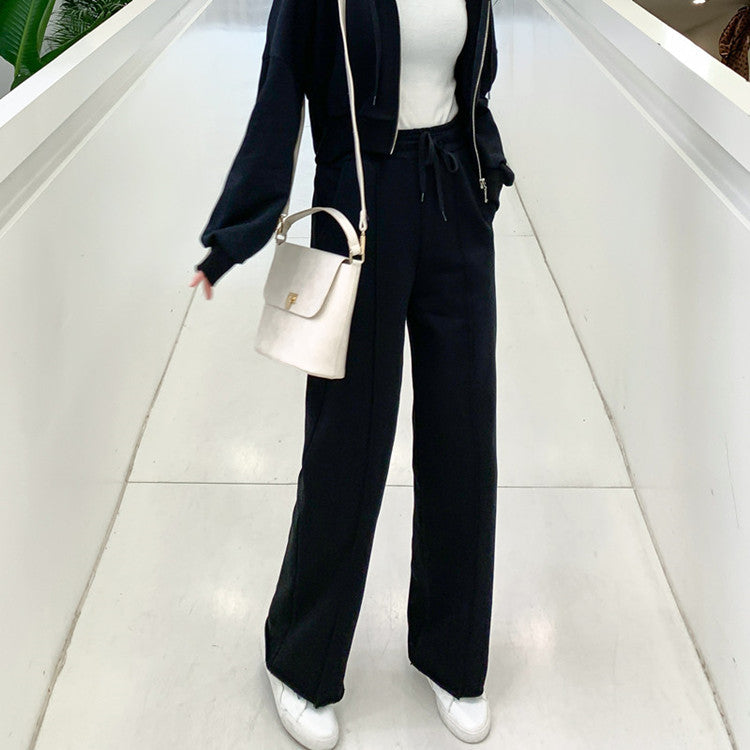Damen lässiges Loungewear-Set mit Cropped-Zip-Hoodie und weitem Hosen Drune