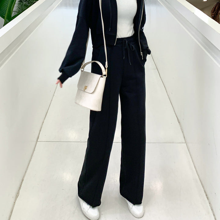 Damen lässiges Loungewear-Set mit Cropped-Zip-Hoodie und weitem Hosen Drune