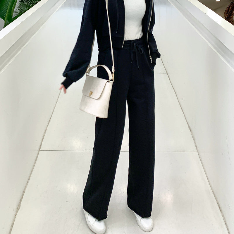 Damen lässiges Loungewear-Set mit Cropped-Zip-Hoodie und weitem Hosen Drune