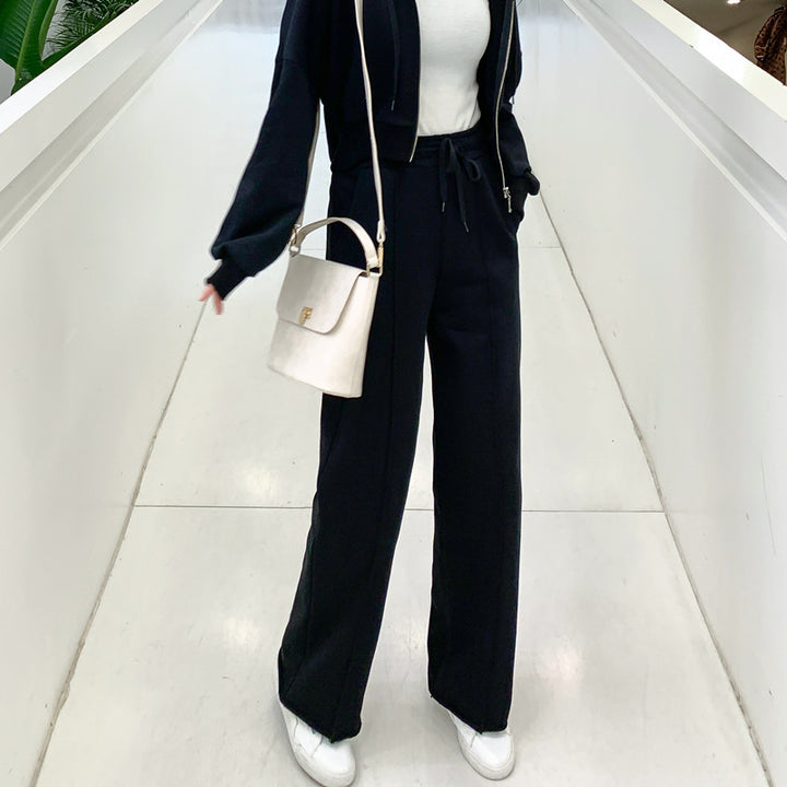 Damen lässiges Loungewear-Set mit Cropped-Zip-Hoodie und weitem Hosen Drune