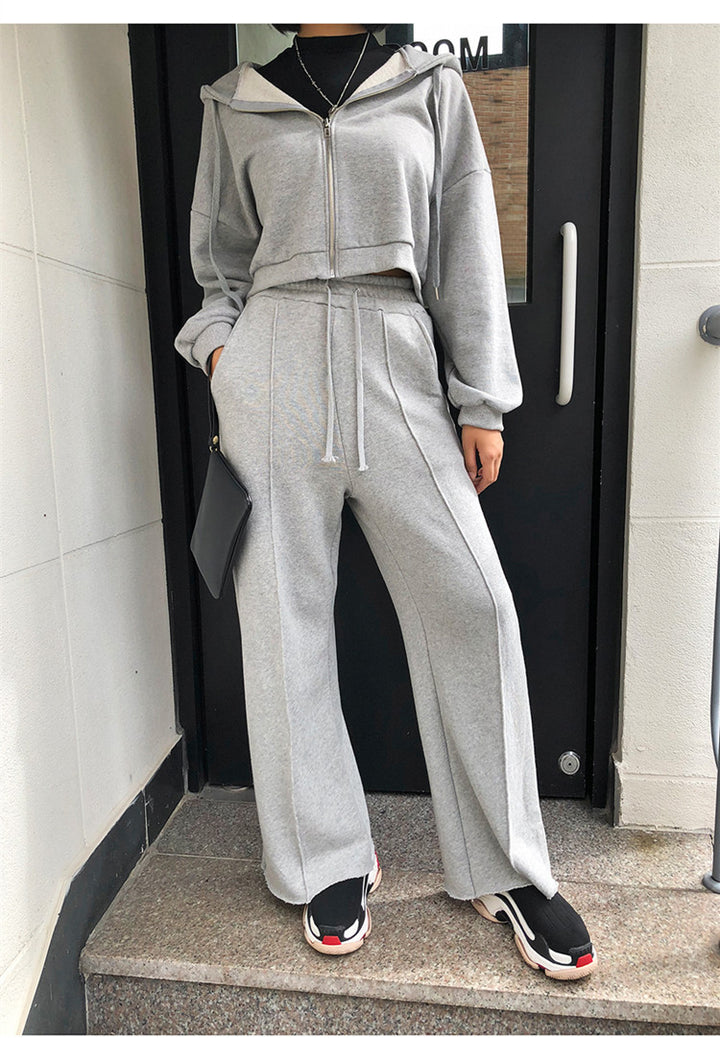 Damen lässiges Loungewear-Set mit Cropped-Zip-Hoodie und weitem Hosen Drune