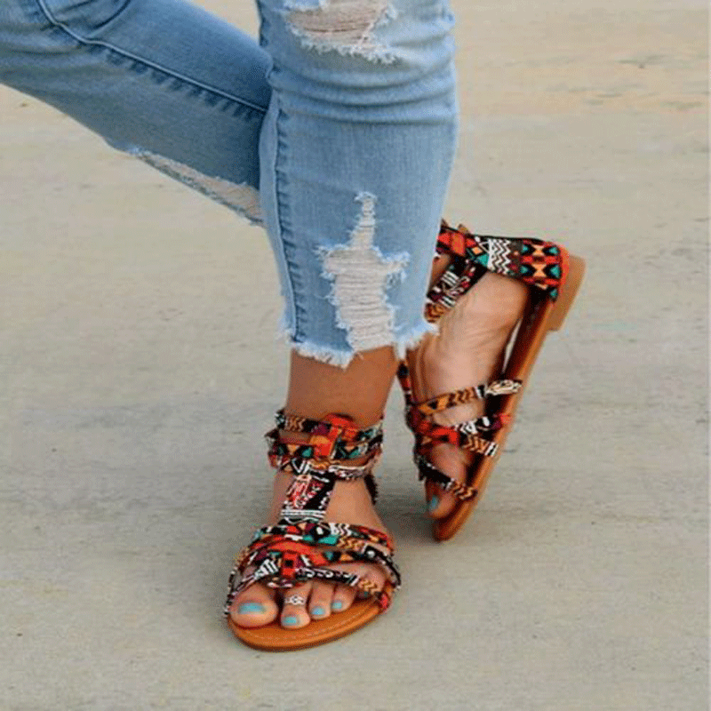 Damen modische Flecht-Sandalen mit bunten Riemen und komfortablem Fußbett Drune