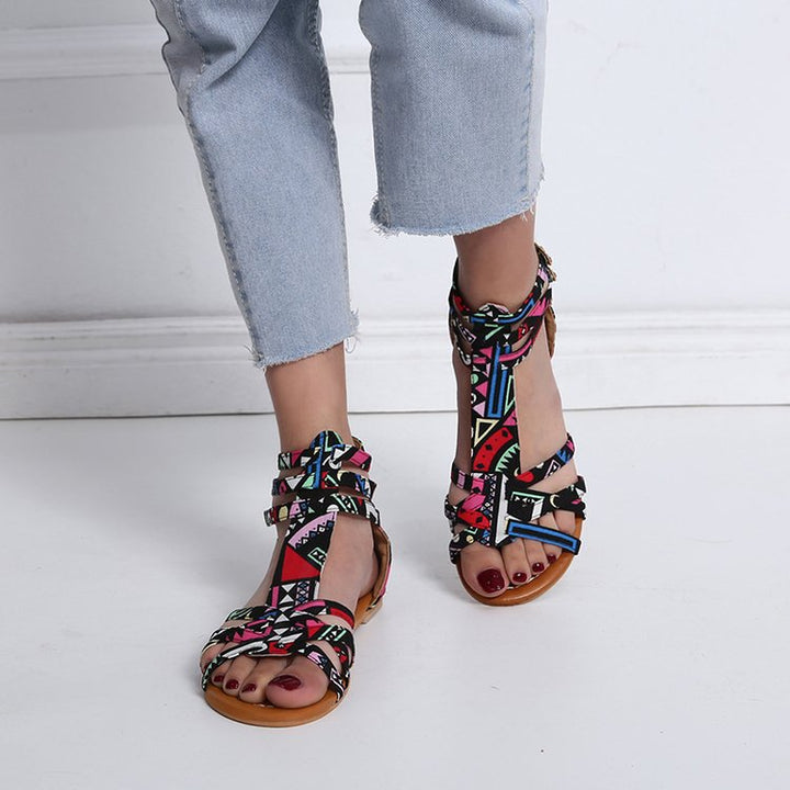 Damen nan Boho-Riemchensandale mit geflochtenen Textilriemen und knöchelhoher Wickelführung Drune