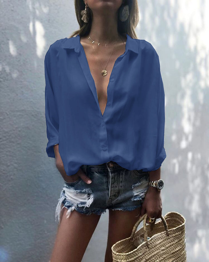 Damen lässige Chiffonbluse mit tiefem V-Ausschnitt und lockerer Passform Drune