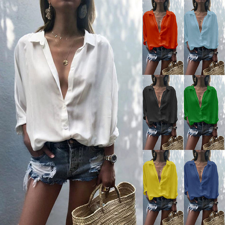 Damen lässige Chiffonbluse mit tiefem V-Ausschnitt und lockerer Passform Drune