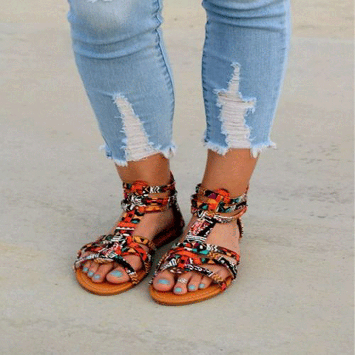 Damen modische Flecht-Sandalen mit bunten Riemen und komfortablem Fußbett Drune