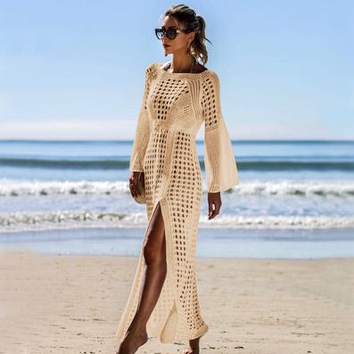 Damen Häkel-Strandkleid mit tiefem V-Ausschnitt und voluminösen Ärmeln Drune