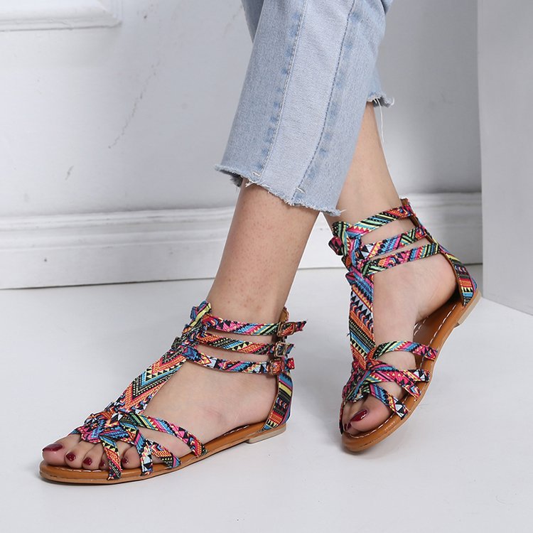 Damen nan Boho-Riemchensandale mit geflochtenen Textilriemen und knöchelhoher Wickelführung Drune